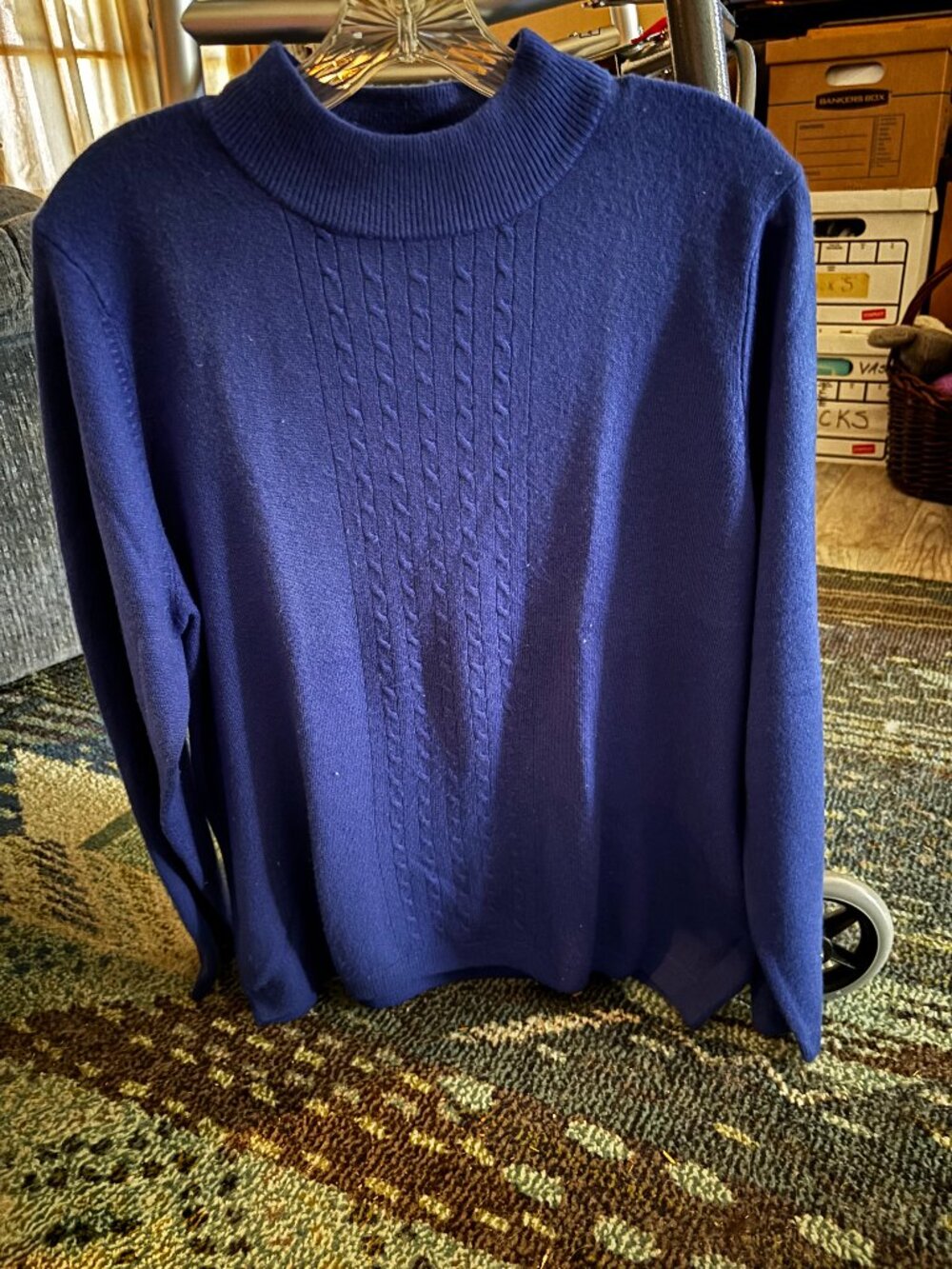 Allison Daley Blueberry Cable Knit Mock Neck Long-Sleeve Sweater, Size LARGE